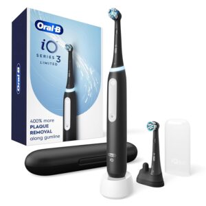 Oral-B iO Series 3 Limited Rechargeable Electric Powered Toothbrush, Black with 2 Brush Heads and Travel Case – Visible Pressure Sensor to Protect Gums – 3 Modes – 2 Minute Timer